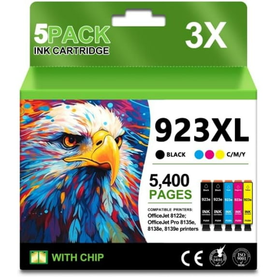 923XL 923e Ink Cartridge High Yield (with Chip) Combo 5-Pack Compatible ...