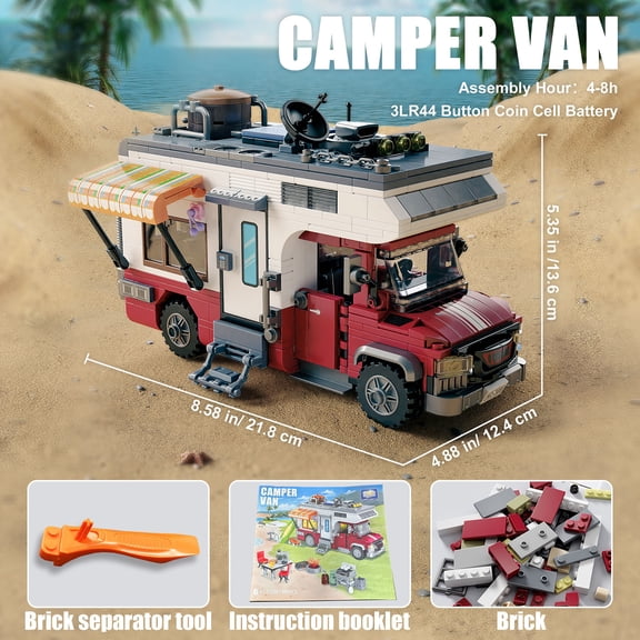 924PCS Camper Van Building Blocks Set Assembly Puzzle Bricks Model with LED Light Desktop Decoration Gifts