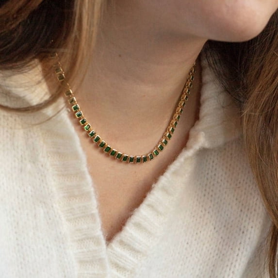 925 Emerald Octagon Necklace Dainty green Tennis necklace/ Emerald necklace/Genuine Emerald necklace/Stackable necklace For Women gift