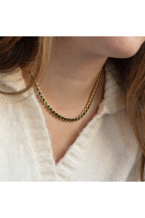 925 Emerald Octagon Necklace Dainty green Tennis necklace/ Emerald necklace/Genuine Emerald necklace/Stackable necklace For Women gift