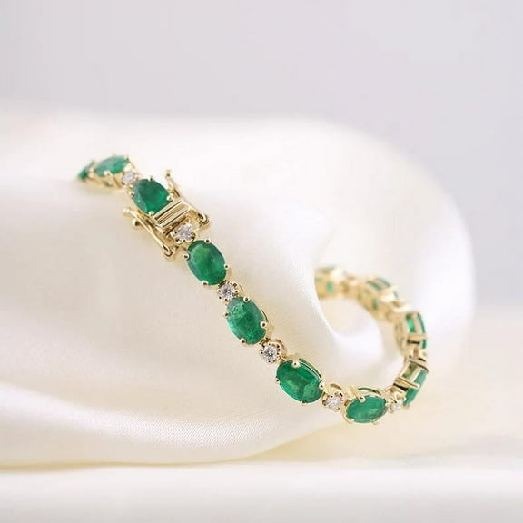 925 Emerald with diamond oval Silver Tennis Bracelet,14K Gold plated Emerald Bracelet Genuine Emerald Bracelet, Bracelet gift for her