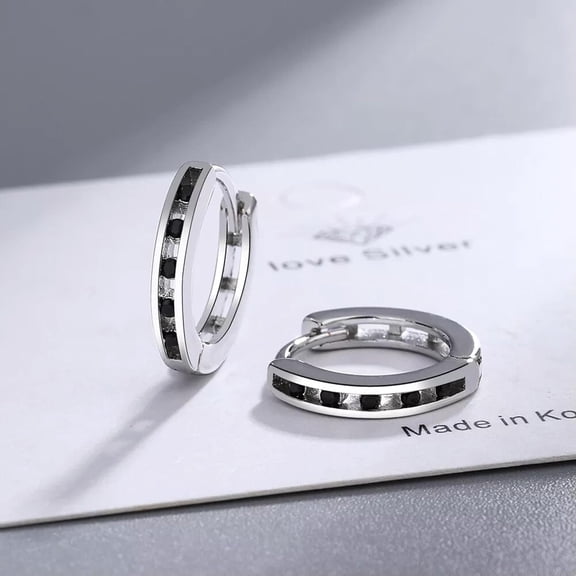 925 Excellent Silver Round Hoop Earrings Women Black Zircon Ear Clip Gift[j244]