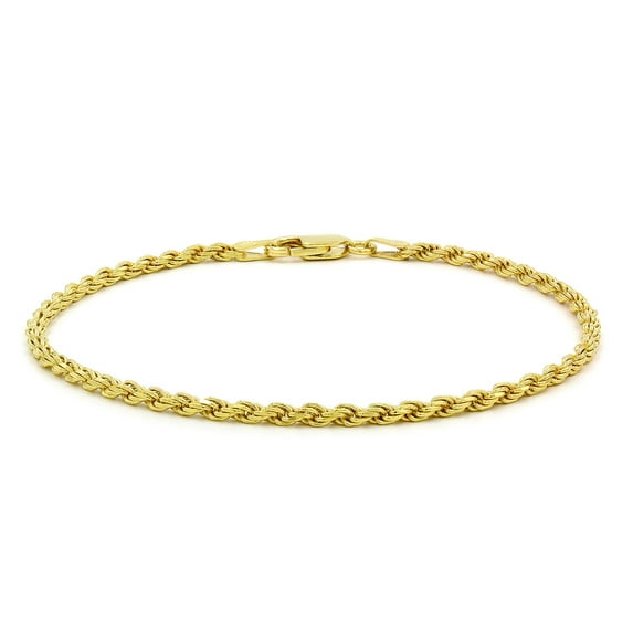 925 Italian Sterling Silver 2.5mm Solid Rope Diamond Cut Bracelet, FREE Microfiber Cloth, Yellow Gold Plated Link Chain, Giorgio Bergamo 8