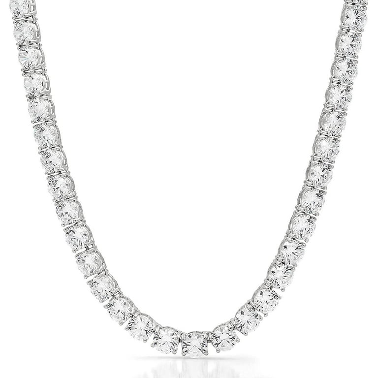 925 Italian Sterling Silver Tennis Necklace, Iced Out Round