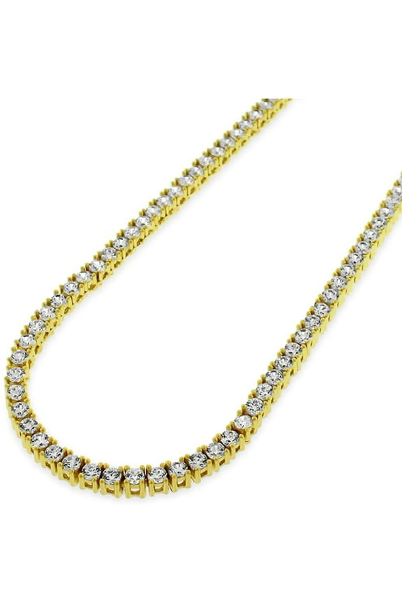 925 Italian Sterling Silver 2.5mm Tennis Necklace, Iced Out Round Cut CZ Cubic Zirconia Yellow Gold Plated Link Chain, Giorgio Bergamo 30