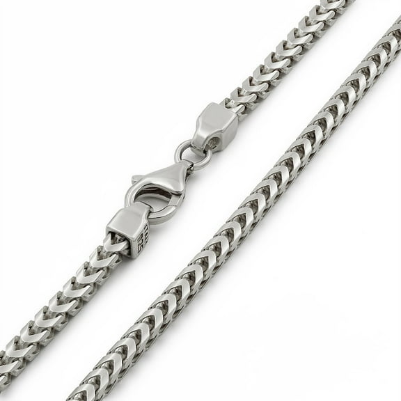 925 Italian Sterling Silver 3mm Solid Franco Chain, FREE Microfiber Cloth, Rhodium Plated Square Box Link Mens Womens Necklace 16" - 30", Giorgio Bergamo