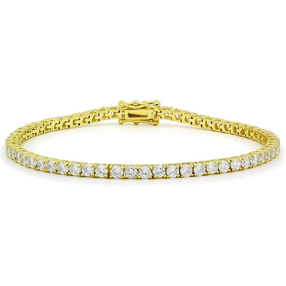 925 Italian Sterling Silver 3mm Tennis Bracelet, Iced Out Round Cut CZ Cubic Zirconia Yellow Gold Plated Link Chain, Giorgio Bergamo 8