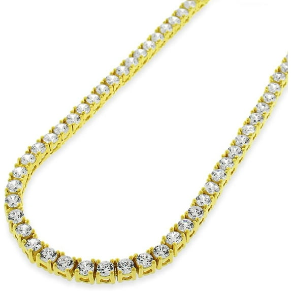 925 Italian Sterling Silver 3mm Tennis Necklace, Iced Out Round Cut CZ Cubic Zirconia Yellow Gold Plated Link Chain, Giorgio Bergamo 20