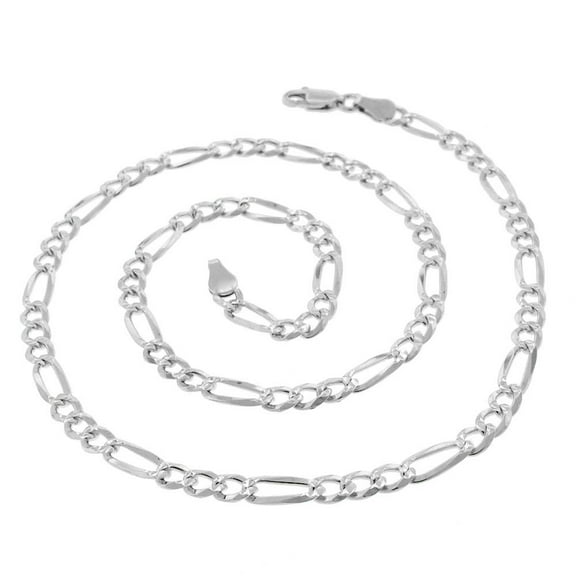 925 Italian Sterling Silver 4mm Solid Figaro Diamond Cut Chain, FREE Microfiber Cloth, ITProLux Pave Link Necklace, Giorgio Bergamo