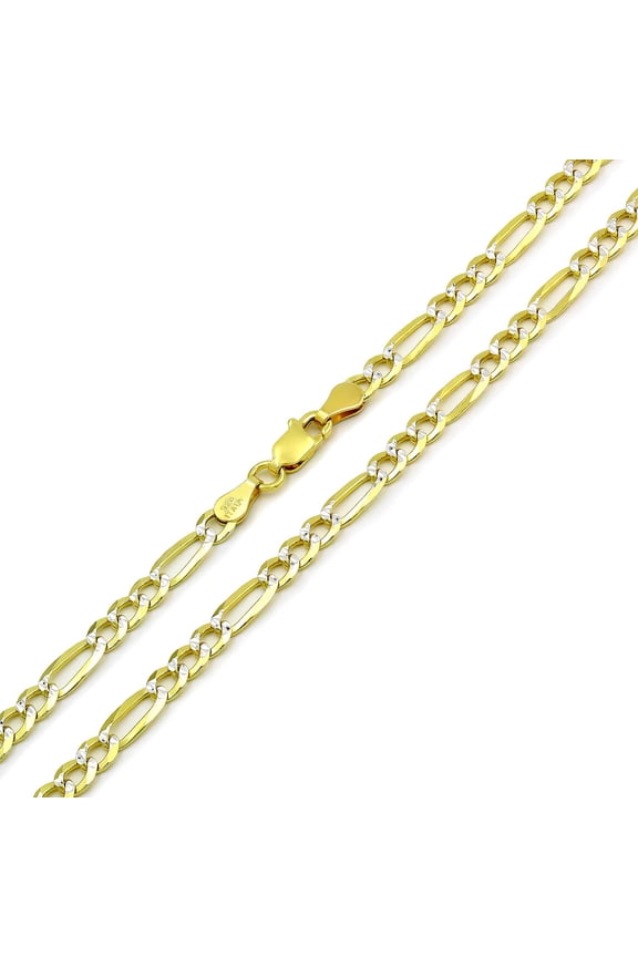 925 Italian Sterling Silver 4mm Solid Figaro Diamond Cut Chain, FREE Microfiber Cloth, ITProLux Yellow Gold Plated Pave Link Mens Womens Necklace, Giorgio Bergamo
