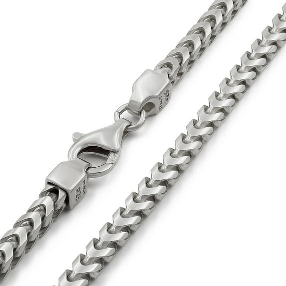 925 Italian Sterling Silver 4mm Solid Franco Chain, FREE Microfiber Cloth, Rhodium Plated Square Box Link Mens Womens Necklace 16" - 30", Giorgio Bergamo