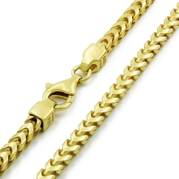 925 Italian Sterling Silver 4mm Solid Franco Chain, FREE Microfiber Cloth, Yellow Gold Plated Square Box Link Chain Mens Womens Necklace, Giorgio Bergamo