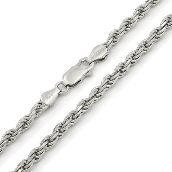 925 Italian Sterling Silver 4mm Solid Rope Diamond Cut Chain, FREE Microfiber Cloth, Rhodium Link Mens Womens Necklace, Giorgio Bergamo