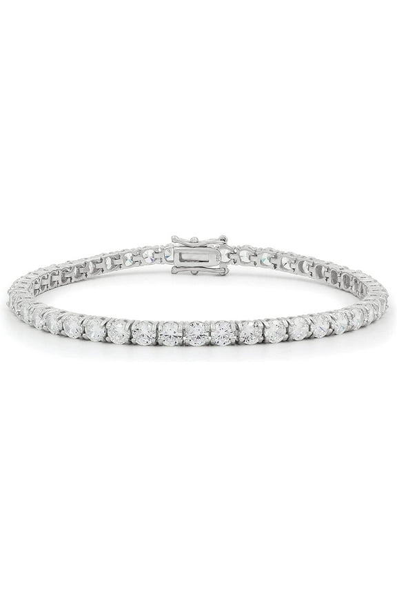 925 Italian Sterling Silver 4mm Tennis Bracelet, Iced Out Round Cut CZ Cubic Zirconia Rhodium Plated Link Chain, Giorgio Bergamo 9