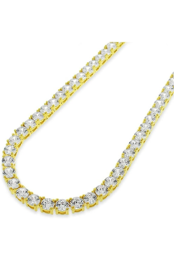 925 Italian Sterling Silver 4mm Tennis Necklace, Iced Out Round Cut CZ Cubic Zirconia Yellow Gold Plated Link Chain, Giorgio Bergamo 20