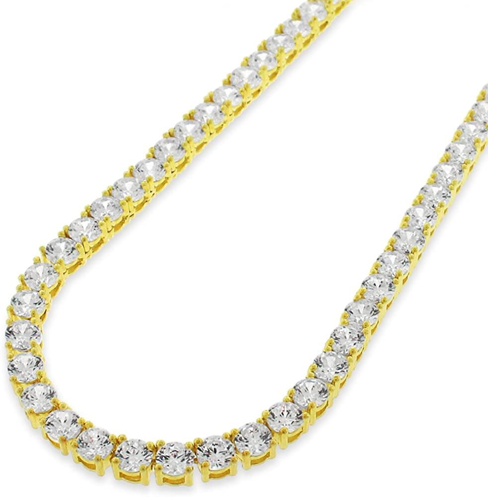 925 Italian Sterling Silver 4mm Tennis Necklace, Iced Out Round Cut CZ Cubic Zirconia Yellow Gold Plated Link Chain, Giorgio Bergamo 22