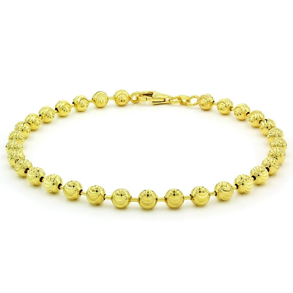925 Italian Sterling Silver 5mm Ball Bead Moon Cut Bracelet, FREE Microfiber Cloth, Yellow Gold Dog Tag Solid Chain, Giorgio Bergamo