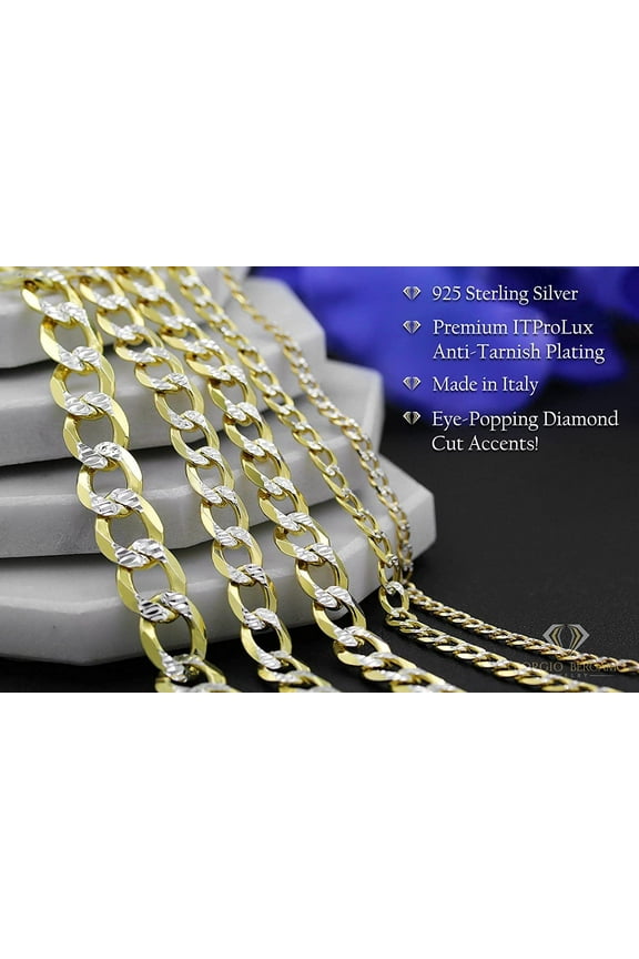 925 Italian Sterling Silver 5mm Solid Cuban Diamond Cut Chain, FREE Microfiber Cloth, ITProLux Yellow Gold Plated Pave Curb Link Mens Womens Necklace, Giorgio Bergamo