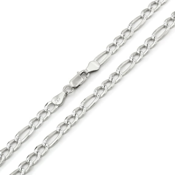 925 Italian Sterling Silver 5mm Solid Figaro Diamond Cut Chain, FREE Microfiber Cloth, ITProLux Pave Link Mens Womens Necklace, Giorgio Bergamo