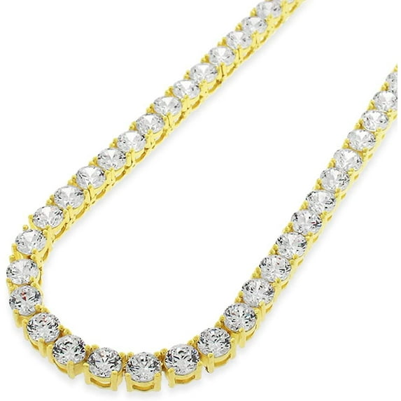 925 Italian Sterling Silver 5mm Tennis Necklace, Iced Out Round Cut CZ Cubic Zirconia Yellow Gold Plated Link Chain, Giorgio Bergamo 24