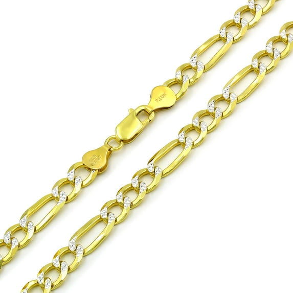 925 Italian Sterling Silver 6.5mm Solid Figaro Diamond Cut Chain, FREE Microfiber Cloth, ITProLux Yellow Gold Plated Pave Link Mens Womens Necklace, Giorgio Bergamo