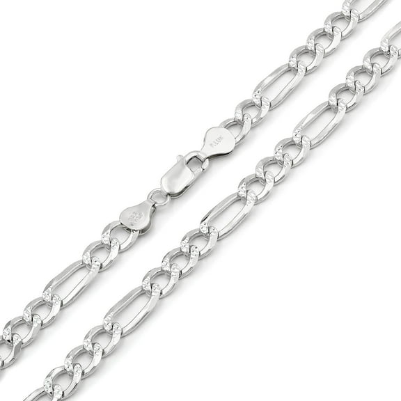 925 Italian Sterling Silver 6mm Solid Figaro Diamond Cut Chain, FREE Microfiber Cloth, ITProLux Pave Link Mens Womens Necklace, Giorgio Bergamo