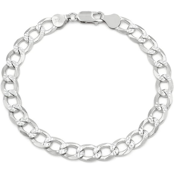 925 Italian Sterling Silver 7.5mm Solid Cuban Diamond Cut Bracelet, FREE Microfiber Cloth, ITProLux Pave Curb Link Chain, Giorgio Bergamo