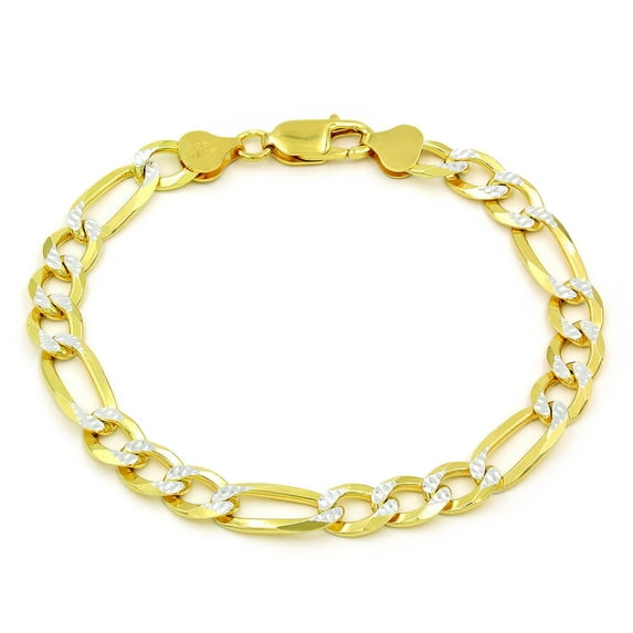 925 Italian Sterling Silver 7.5mm Solid Figaro Diamond Cut Bracelet, FREE Microfiber Cloth, ITProLux Yellow Gold Plated Pave Link Chain, Giorgio Bergamo