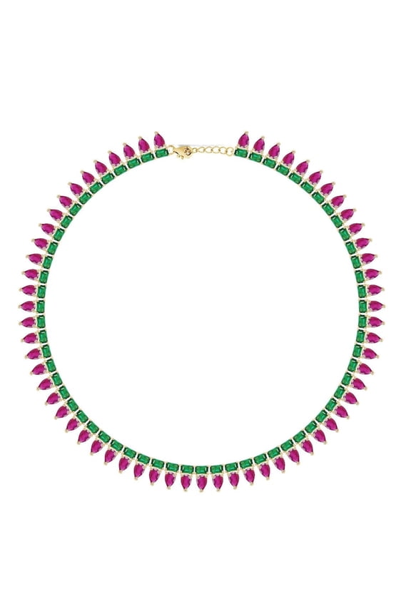 925 Lab Emerald octagon with Lab created Ruby Pear Tennis Necklace,Yellow Gold Plated Lab Emerald Tennis Necklace,Handmade Necklace Gift for