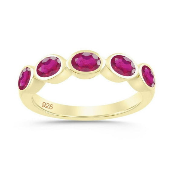 925 Lab Ruby Oval wedding band Ring,Lab Ruby Wedding ring,Five Stone Oval Yellow Gold Stacking Matching Bridal Ring,Promise Five band