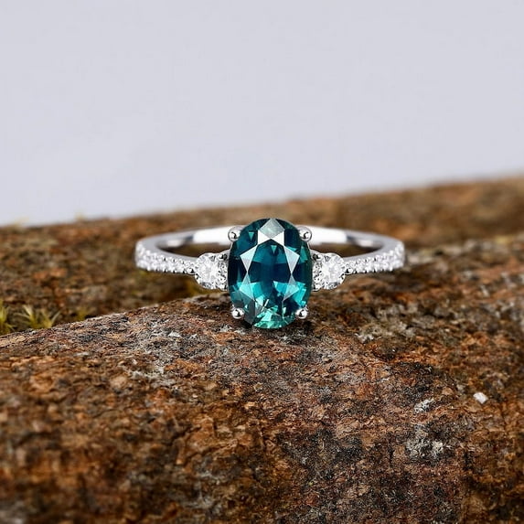 925 Oval Cut Lab Created Teal Blue Sapphire Ring For Women Birthstone Ring Engagement Ring Handmade For Her Promise Ring Statement Ring