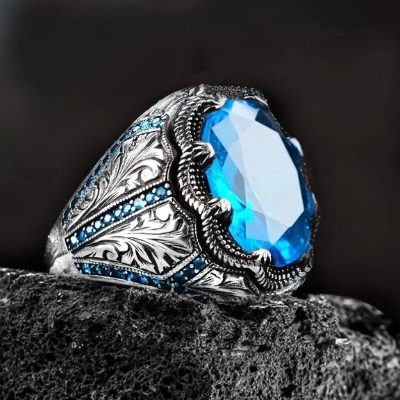 925 Plated Silver  Aquamarine Men's Ring Multicolor Stone Ring Vintage Turkish Style Men's Women 's Handmade Engraved Silver Ring with Emerald Stone Jewelry