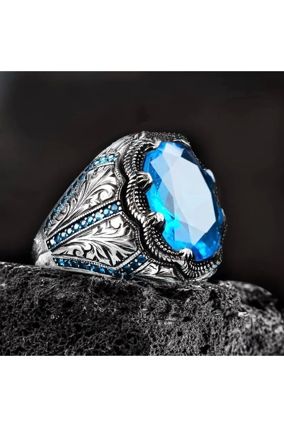 925 Plated Silver Aquamarine Men's Ring Multicolor Stone Ring Vintage Turkish Style Men's Women 's Handmade Engraved Silver Ring with Emerald Stone Jewelry