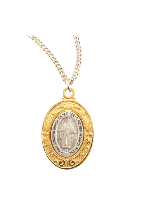 925 Plated Sterling Silver Miraculous Medal Necklace with Fancy Setting, Blessed Mother Mary 18" Gold-Plated Chain – Made in USA – Deluxe Velvet Gift Box Included
