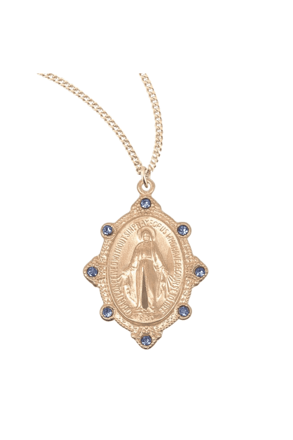 925 Plated Sterling Silver Miraculous Medal Necklace with Light Sapphire Austrian Crystals, Blessed Mother Mary, 1.0" on 18" Gold-Plated Chain Made in USA Deluxe Velvet Gift Box Included