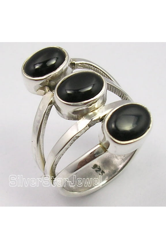 925 Pure Silver Amazing Black Onyx 3 Cabochon Gemstone Big Face Ring Size 7.5