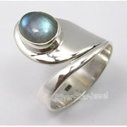 SILVERSTARJEWEL 925 Pure Silver Blue Flash Labradorite Flexible Adjustable Ring Size 5.5 Unisex
