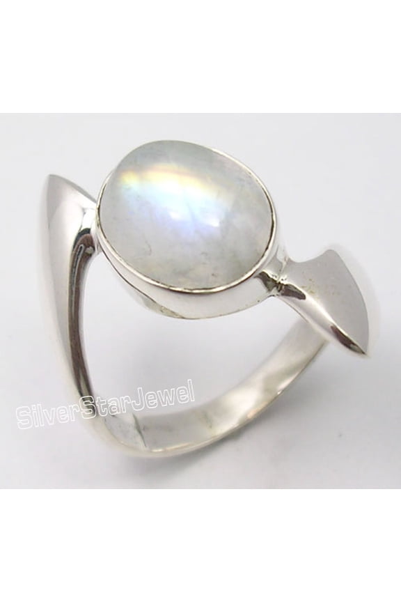 925 Pure Silver Blue Flash Rainbow Moonstone Men's Ring Size 5 Birthday Gift