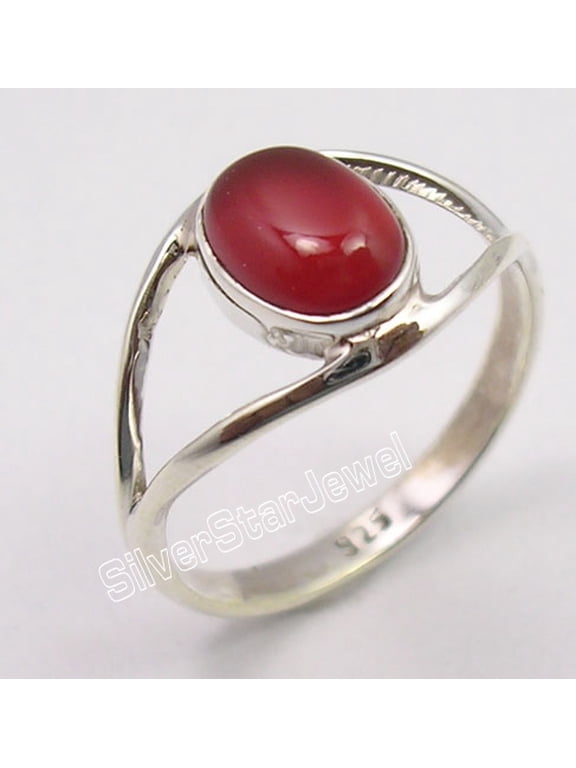 925 Pure Silver Cabochon Red Carnelian Unisex Jewelry Ring Size 7.5 Personalised