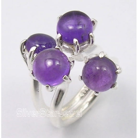 .925 Pure Silver Original Purple Amethyst 4 Cabochon Stone Unusual Ring Size 6