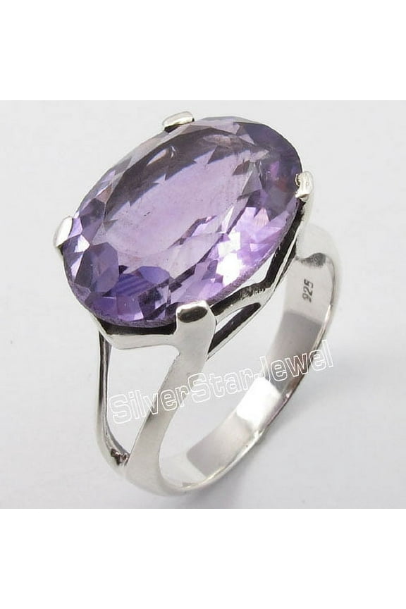 925 Pure Silver Purple Amethyst Big Stone Claw Setting Ring Size 10