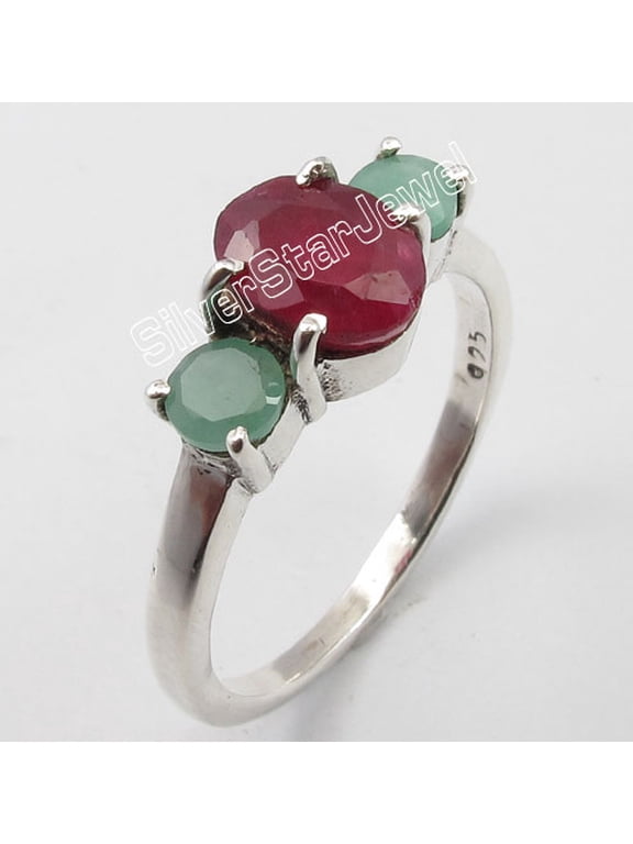.925 Pure Silver Sparkling Emerald & Ruby Cut Stones Nice 4 Prong Ring Size 6