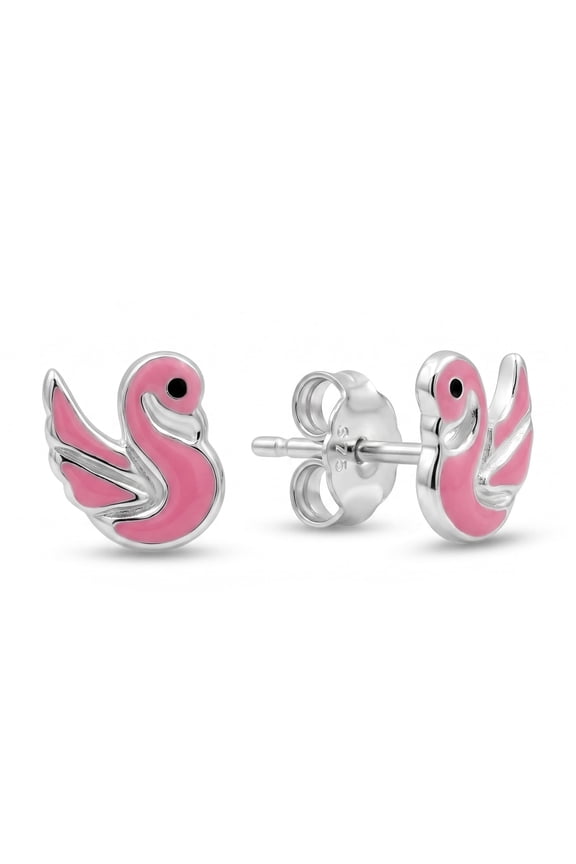 925 Pure Silver Whimsical Pink Flamingo Enamel Stud Earrings