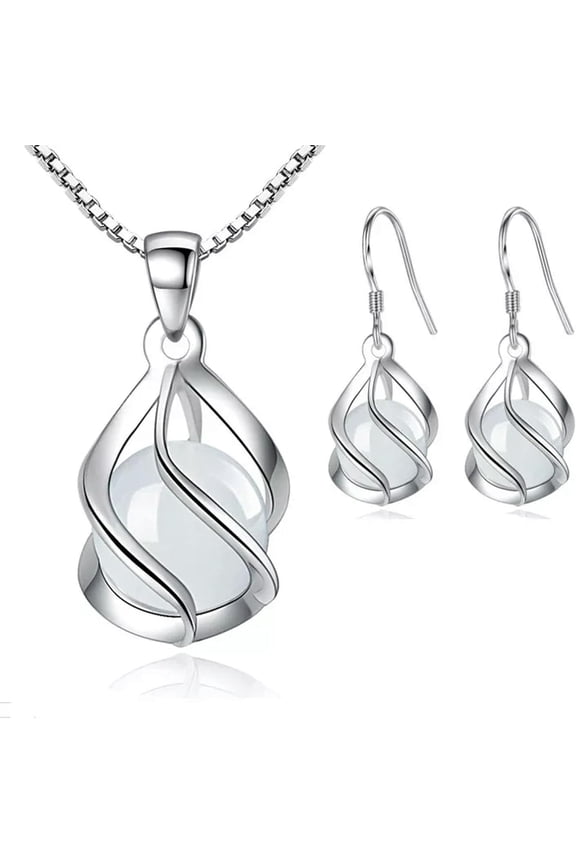 925 Quality Silver Opal Spiral Pendant Necklace Earrings Women Jewelry Sets[q019]