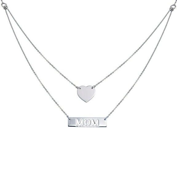 925 Rhodium Plated Sterling Silver Double Chain Plain Heart & Mom Pendant Necklace
