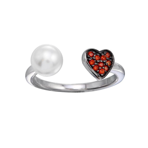 925 Rhodium Plated Sterling Silver Simulated Pearl Heart Ring Band Red CZ Jewelry Female Size 9