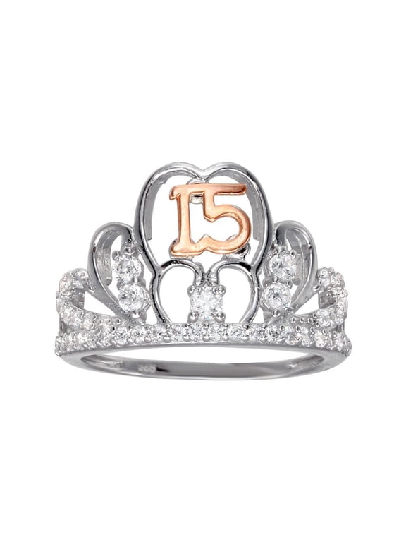 925 Rose Gold Plated Sterling Silver 15 Quinceanera Tiara Ring White CZ Jewelry Female Size 8