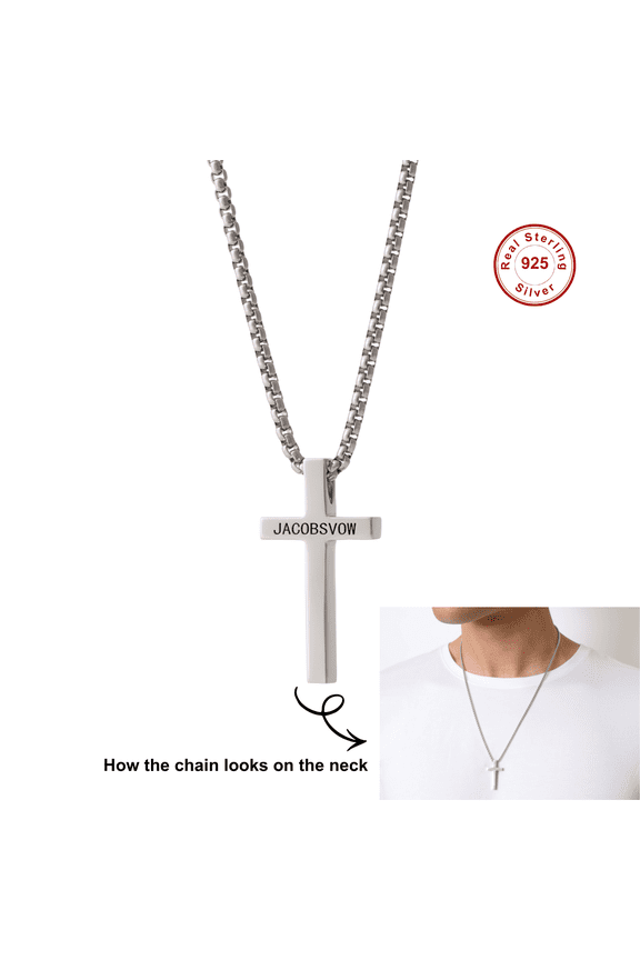 925 Sterling Silver Men's Cross Necklace Hypoallergenic Non Tarnish Box Chain 23