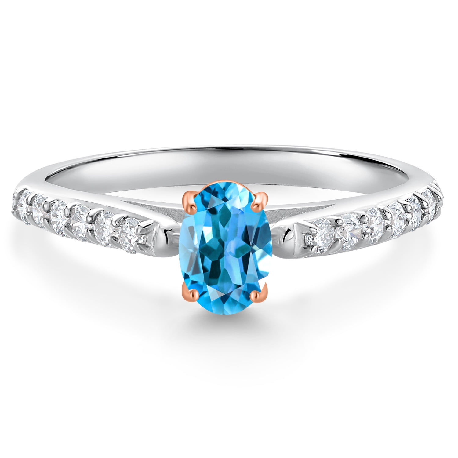 Gem Stone King 925 Silver and 10K Rose Gold Swiss Blue Topaz and White ...