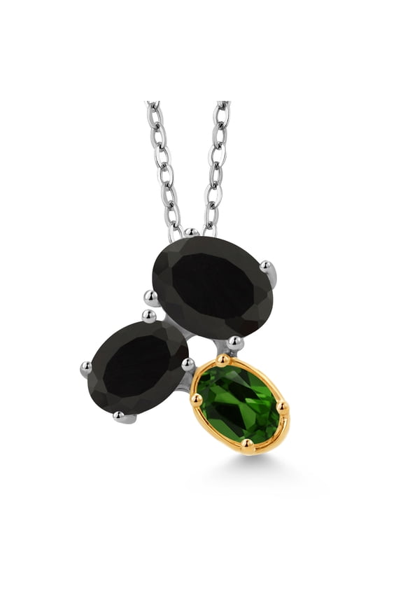 925 Silver and 10K Yellow Gold Black Onyx and Green Chrome Diopside Pendant Necklace for Women (2.85 Cttw, Oval 8X6MM, 7X5MM and 6X4MM, Gemstone December Birthstone, with 18 inch Chain)